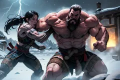 Warriors Clash: A Dynamic Comic Book Illustration of a Viking and Samurai in Fierce Battle