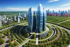Urban Giants: A Futuristic Cityscape with Towering Trees