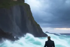 A mysterious yet gorgeous man sits alone on the edge of a cliff with raging waves crashing hard against the shore