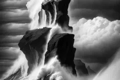 Monochrome Majesty: A Stunning Black and White Image of a Giant Wave Crushing over a Cliff
